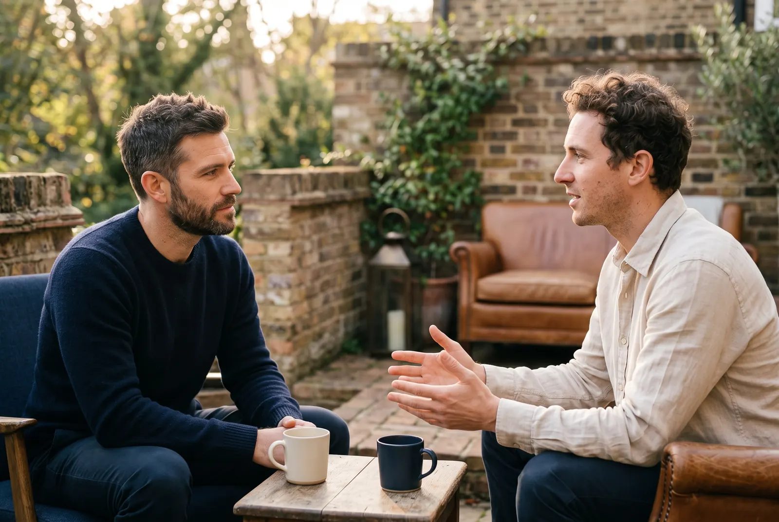 Two men talk closely on a sunlit brick terrace
