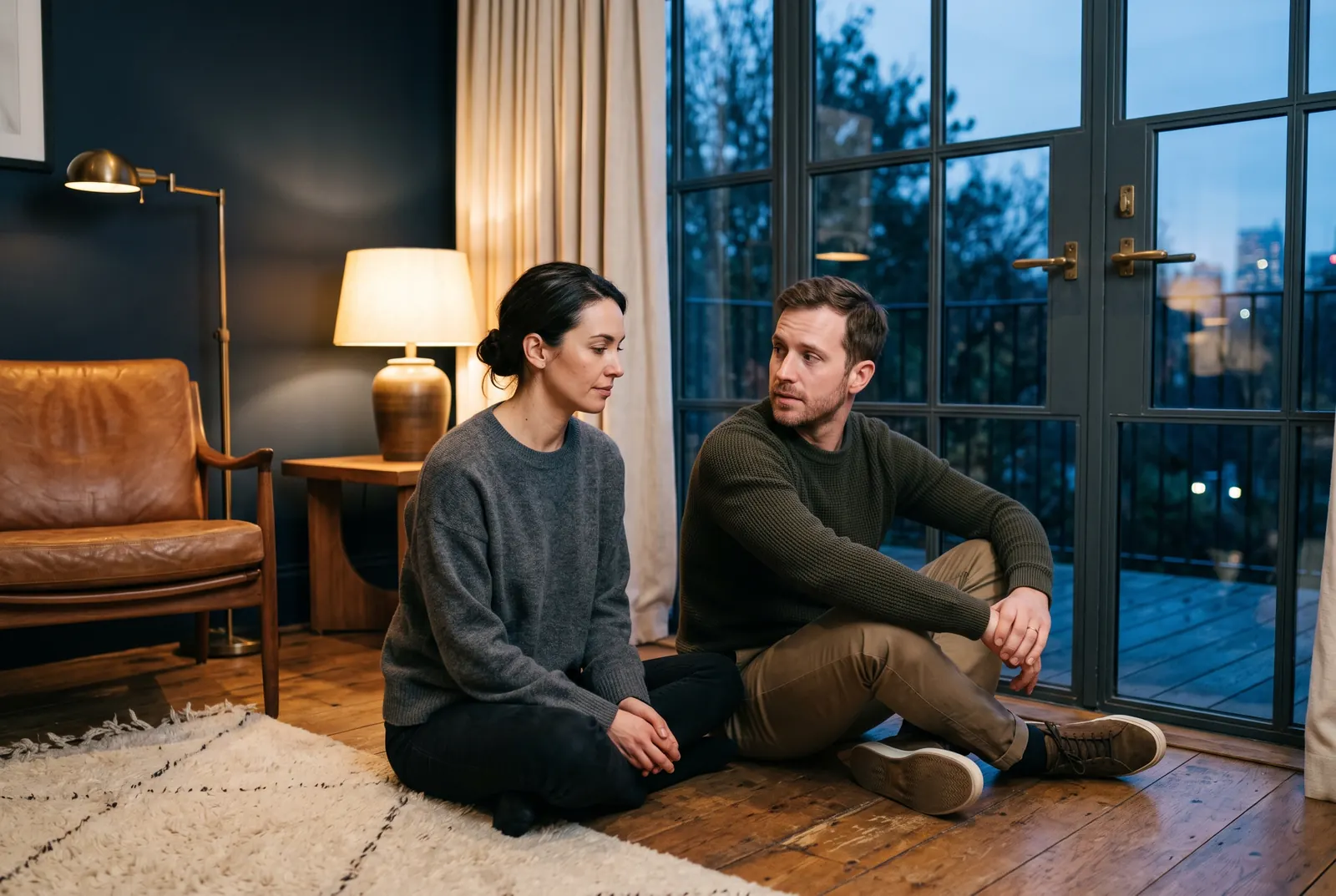 A couple sits a little apart on the floor by tall glass doors at dusk