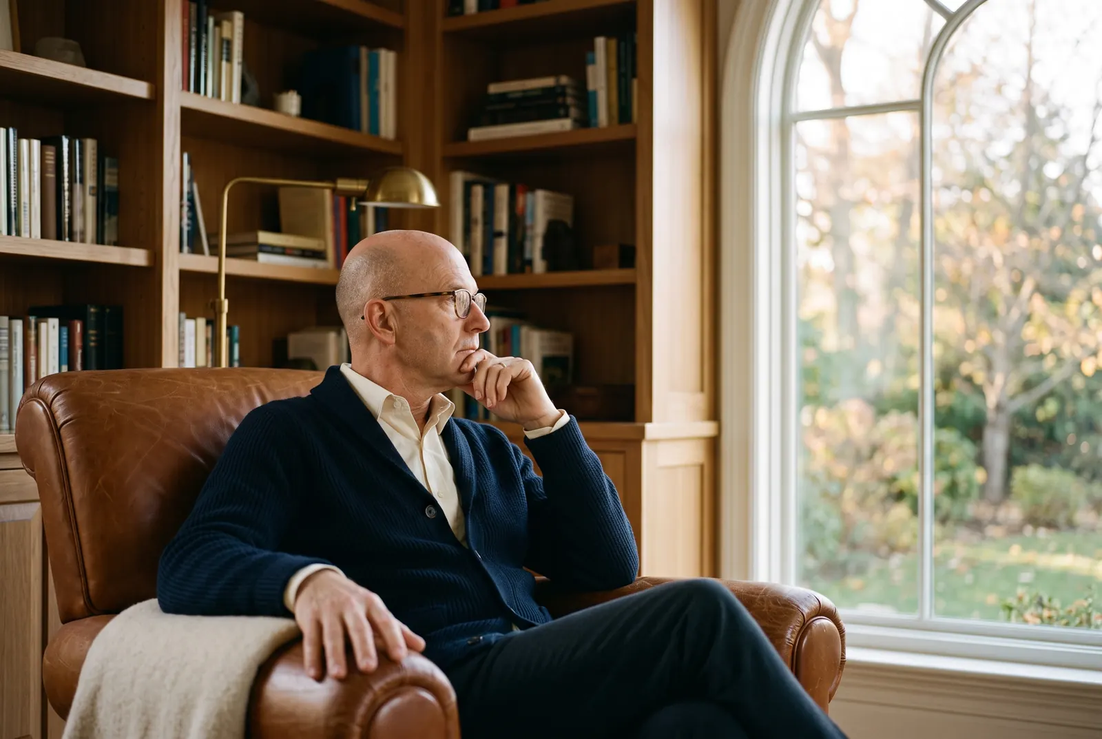A man with glasses sits in a leather armchair in a study, deep in thought