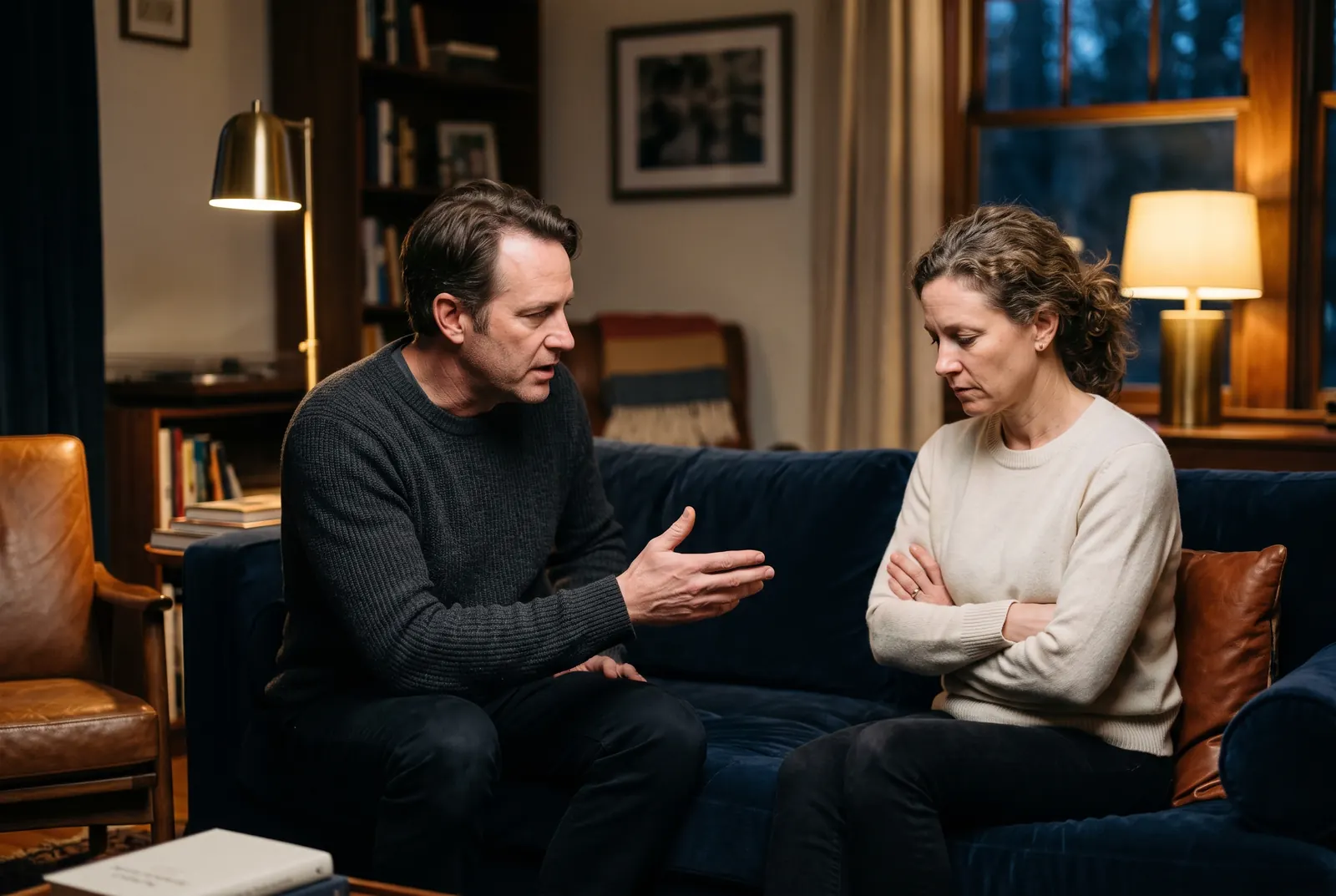 A couple sits at opposite ends of a sofa in the middle of a tense conversation
