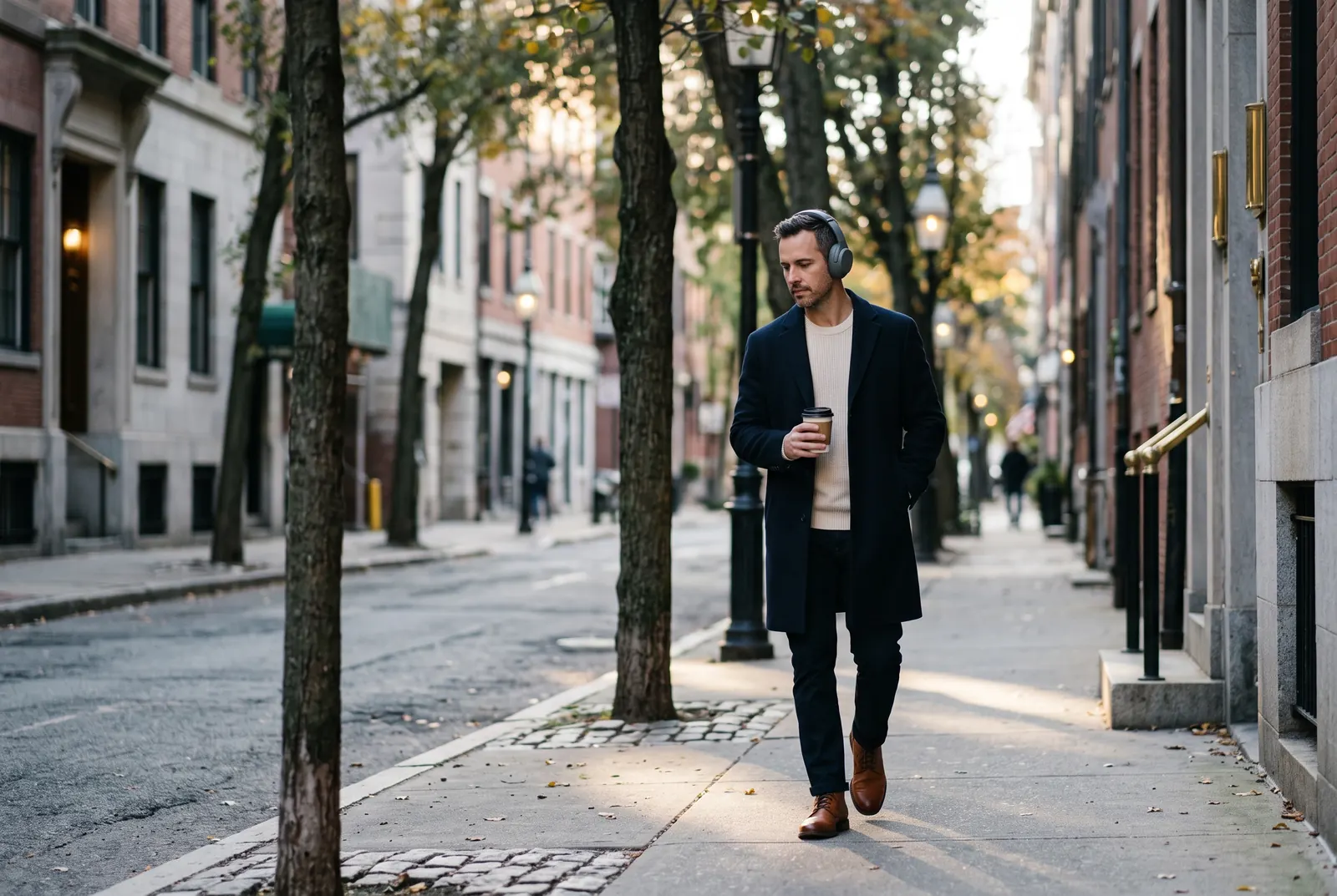 A man walks alone down a quiet street in the morning with headphones and a coffee