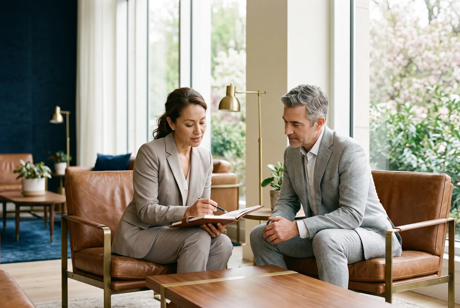 Two professionals review notes together in a bright lobby with spring greenery outside