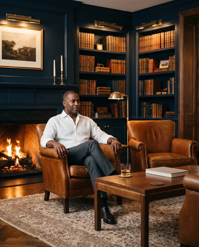 A man relaxes in a leather armchair beside the fireplace in his home library